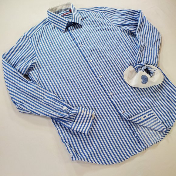 Robert Graham Dress Shirt Men Medium 15.5 / 39 Blue Striped Tailored Fit Vintage - Picture 5 of 16